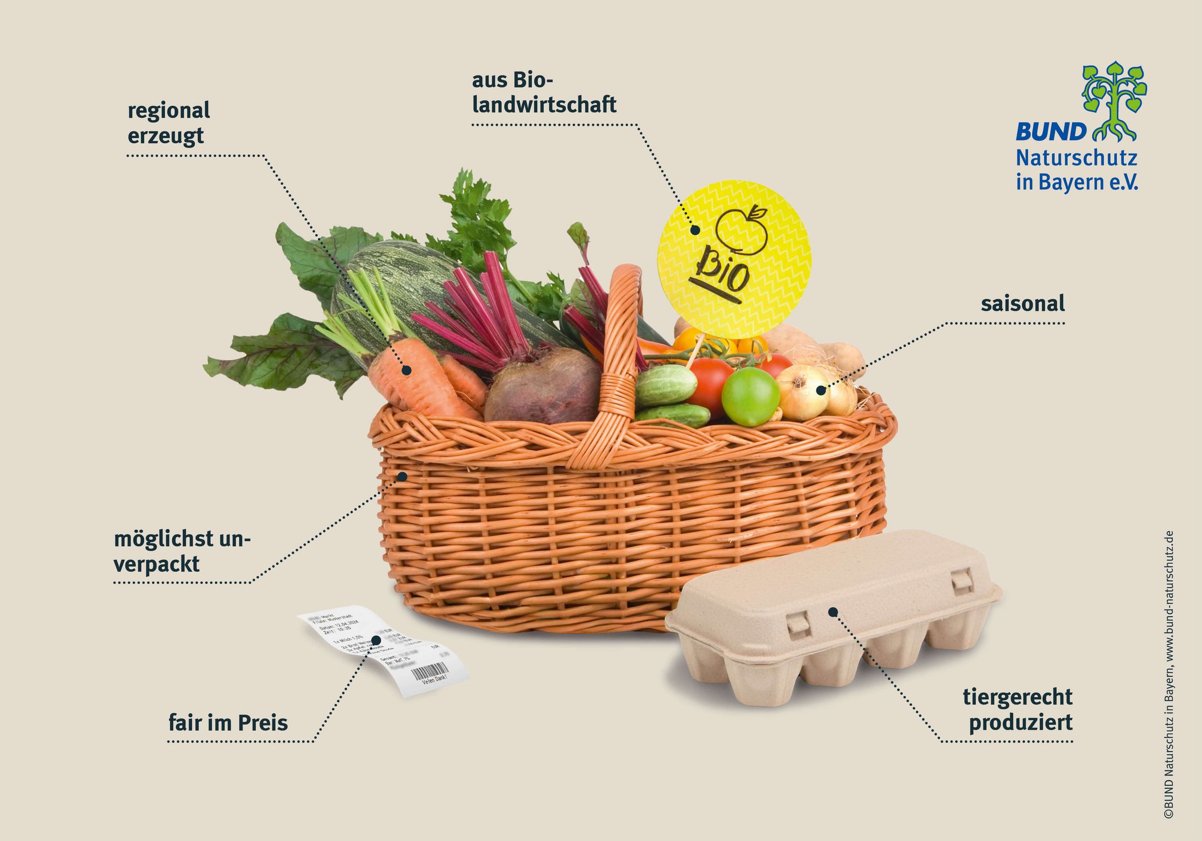 Nachhaltige Lebensmittel sind saisonal, biologisch, fair, tiergerecht und regional erzeugt und möglichst unverpackt. Um einen Korb mit Gemüse und Obst sind die Kennzeichen einer nachhaltigen Ernährung aufgelistet.