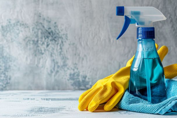 Ökotipps für Haushalt und Wohnen (Foto: Chang/stock.adobe.com) Ein Putzmittel, gelbe Gummihandschuhe und ein blauer Putzlappen.