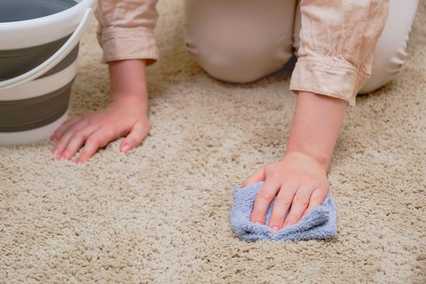 Foto: Андрей-Журавлев/stock.adobe.com Eine Frau kniet mit einem Lappen in der Hand auf einem hellen Teppich, neben ihr ein Eimer.