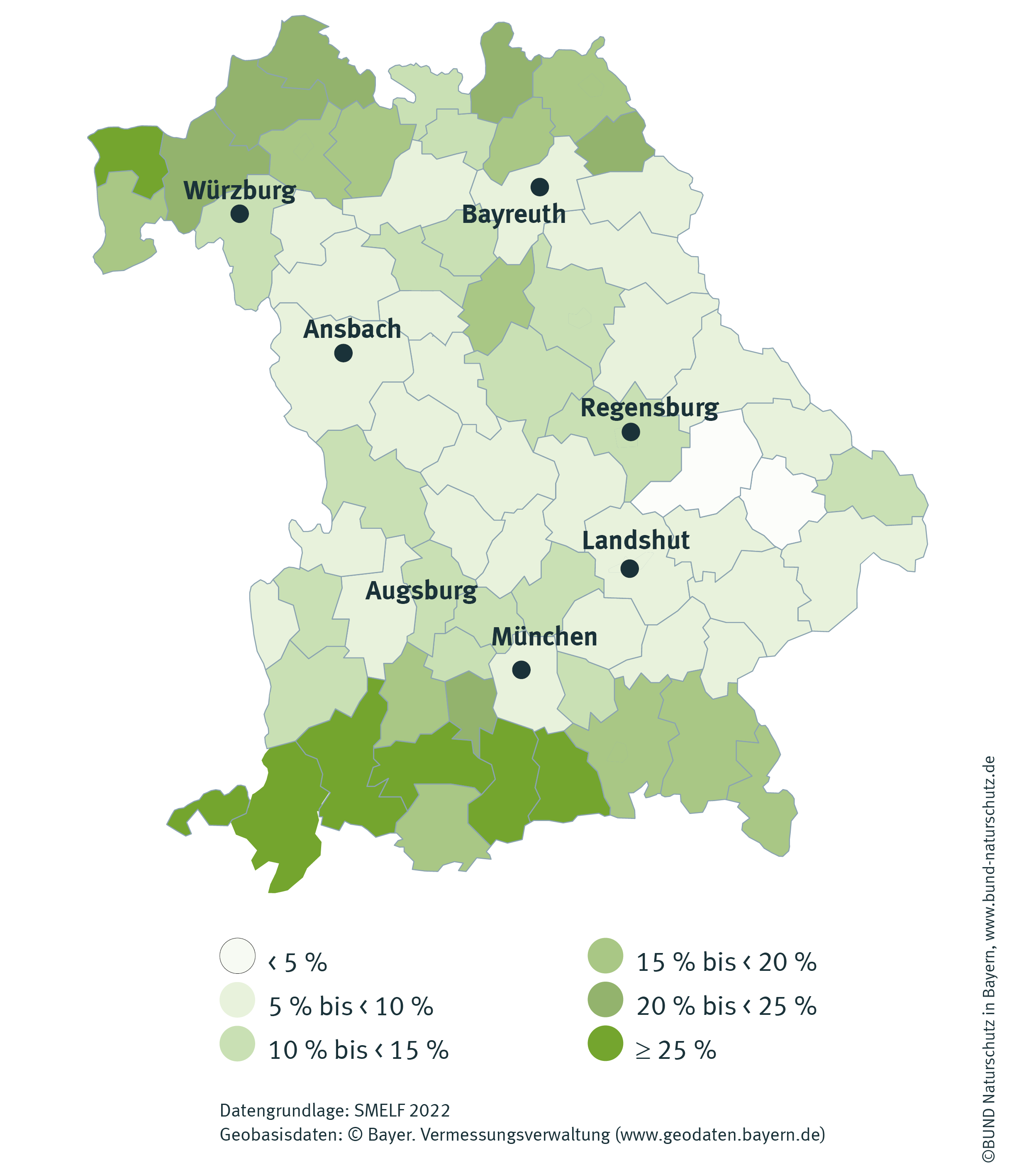 Biolandwirtschaft gibt es vor allem im Norden und Süden BAyerns. Die Karte zeigt, wie weit verbreitet die Biolandwirtschaft in Bayern ist. Sie konzentriert sich vor allem auf den Norden und den SÜden des Freistaates.