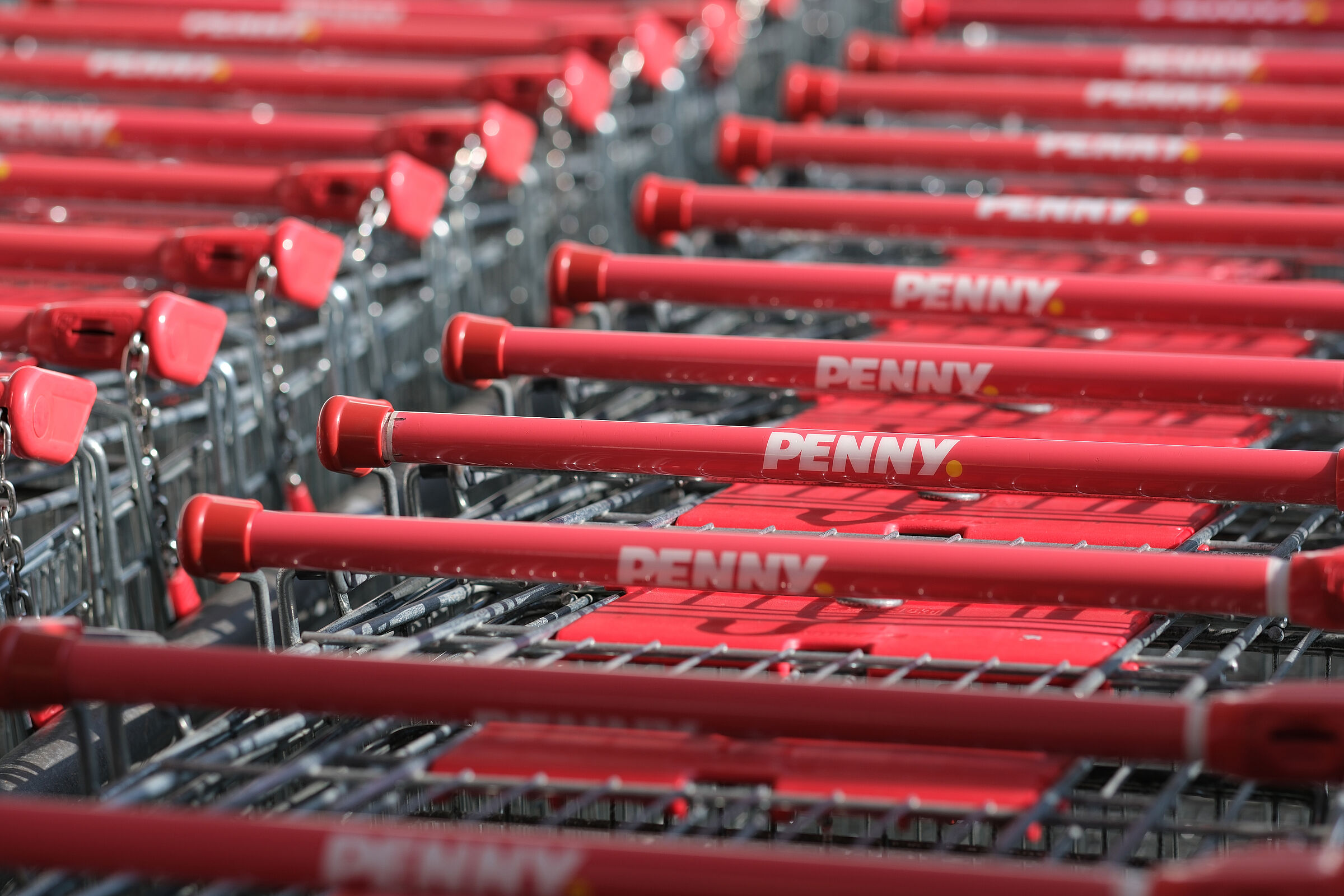 aufgereihte Einkaufswägen der Discounter-Marke Penny