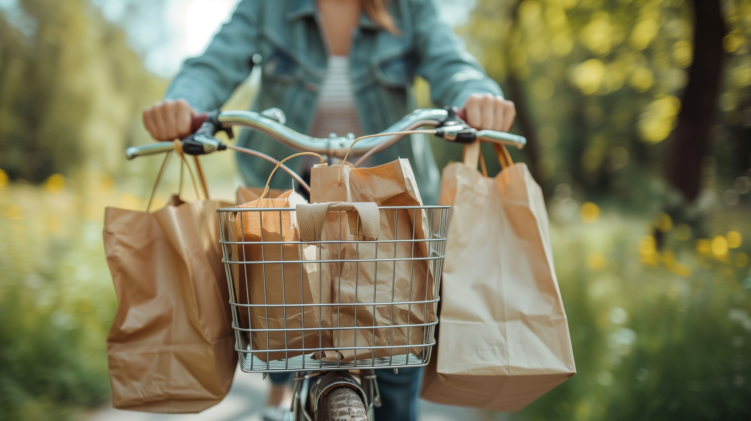 Radfahrerin im Grünen mit Einkaufstaschen am Lenker und im Fahrradkorb