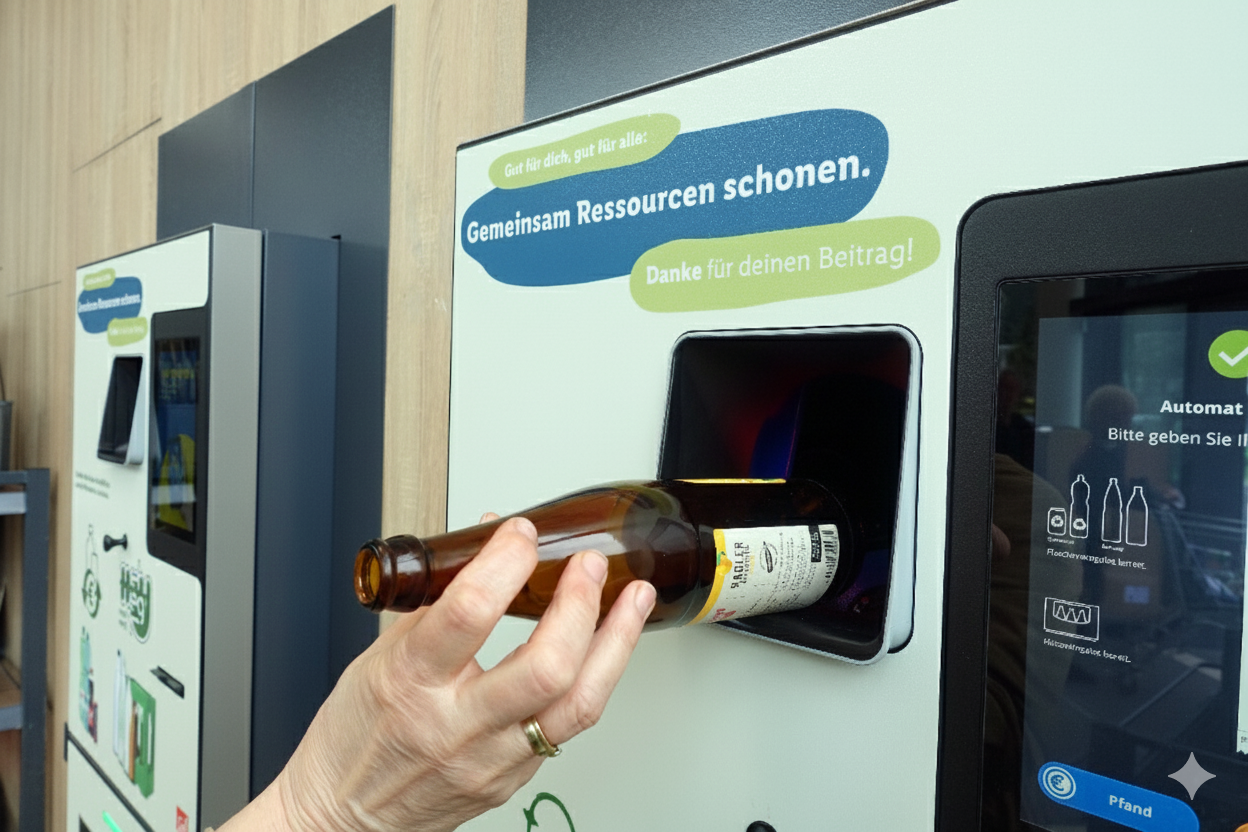 Glas ist sehr gut wiederverwendbar, aber schwer. Daher schneidet ist bei der Ökobilanz nur dann gut ab, wenn die Transportwegen unter 200 Kilometern betragen. (Foto: ZIHE/stock.adobe.com, bearbeitet) Umweltfreundliche Verpackungen: Eine Frau schiebt eine Glasflasche in einen Automaten für Pfandflschen.