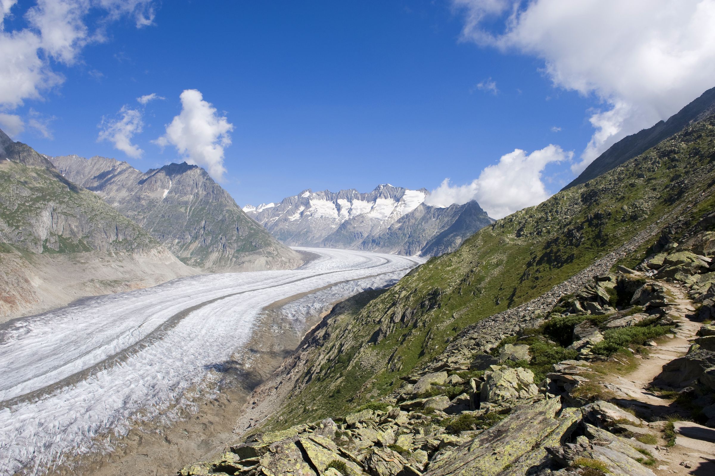 Alpen-Entstehung: Blick auf den Aletschgletscher, der sich tief ins Tal geschnitten und die Landschaft in seiner Umgebung stark geprägt hat. (Foto: Holger Schultz/AdobeStock) 