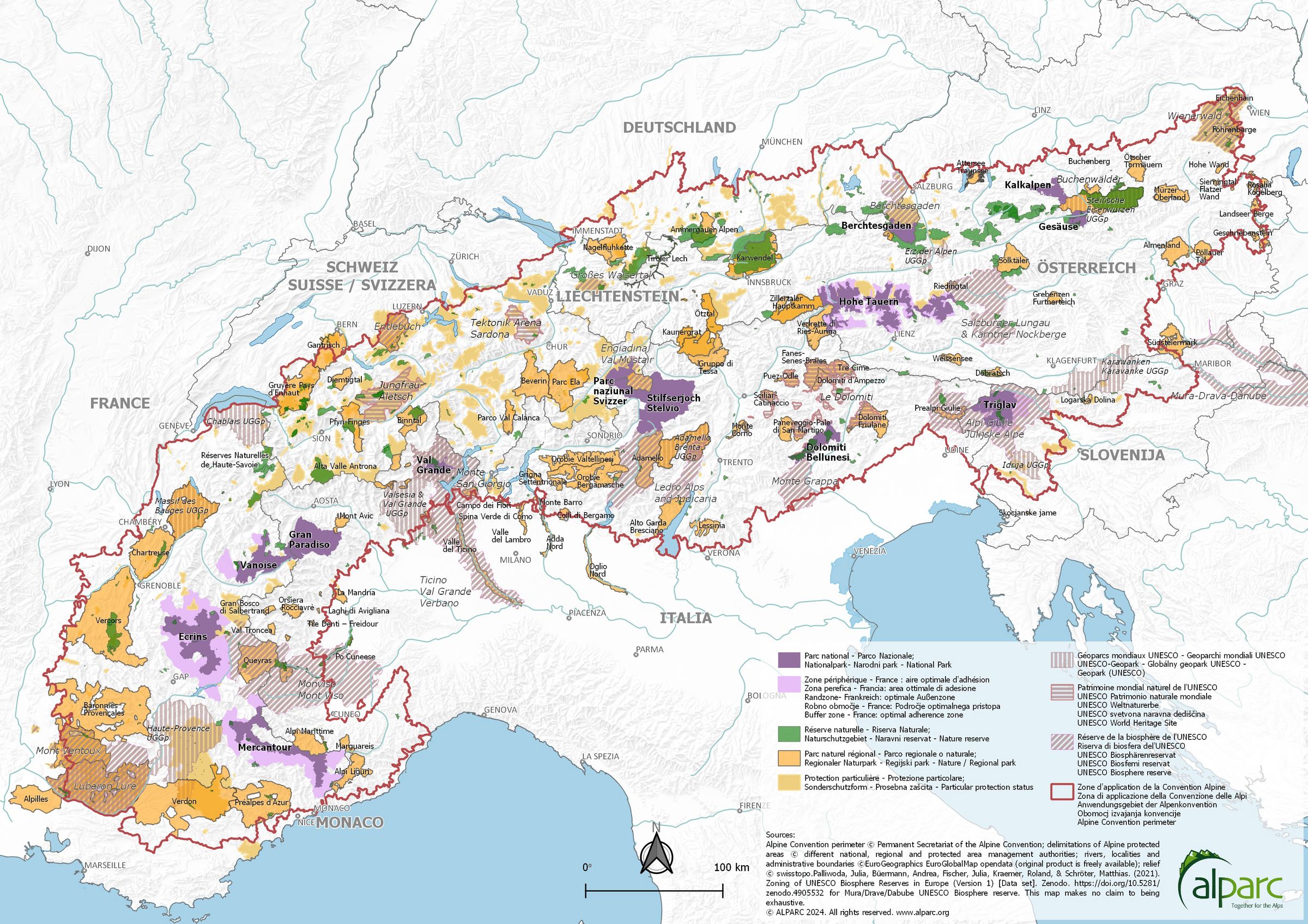 Die Karte zeigt die unterschiedlichen Schutzgebiete im gesamten Alpenraum, vom Nationalpark bis zum Biosphärenreservat. (Quelle: ALPARC 2024)