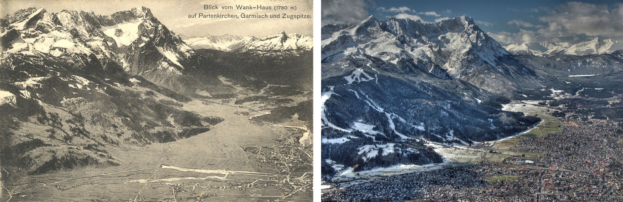 Das Bild zeigt den Talkessel von Garmisch-Partenkirchen, hier 1906 (links) mit vielen Freiflächen, und 2008 (rechts), wo die Bebauung von Bergfuß zu Bergfuß reicht: Problematische Siedlung in den Alpen. (Foto: Axel Doering)