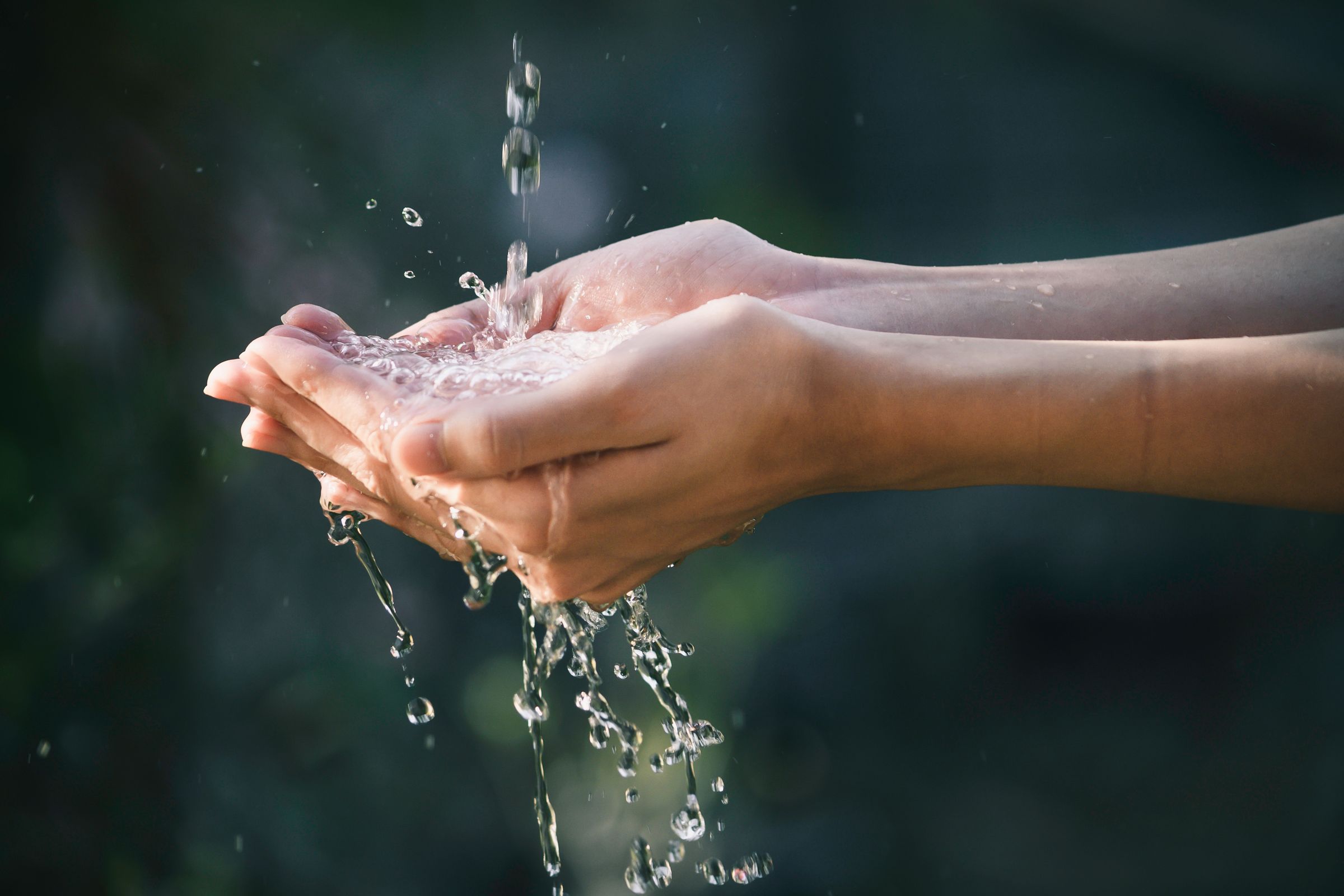 Zwei Frauenhände über die ein Wasserstrahl läuft. Nitrat im Grundwasser bedroht auch unser Trinkwasser. (Foto: mintra/adobe.stock.com)