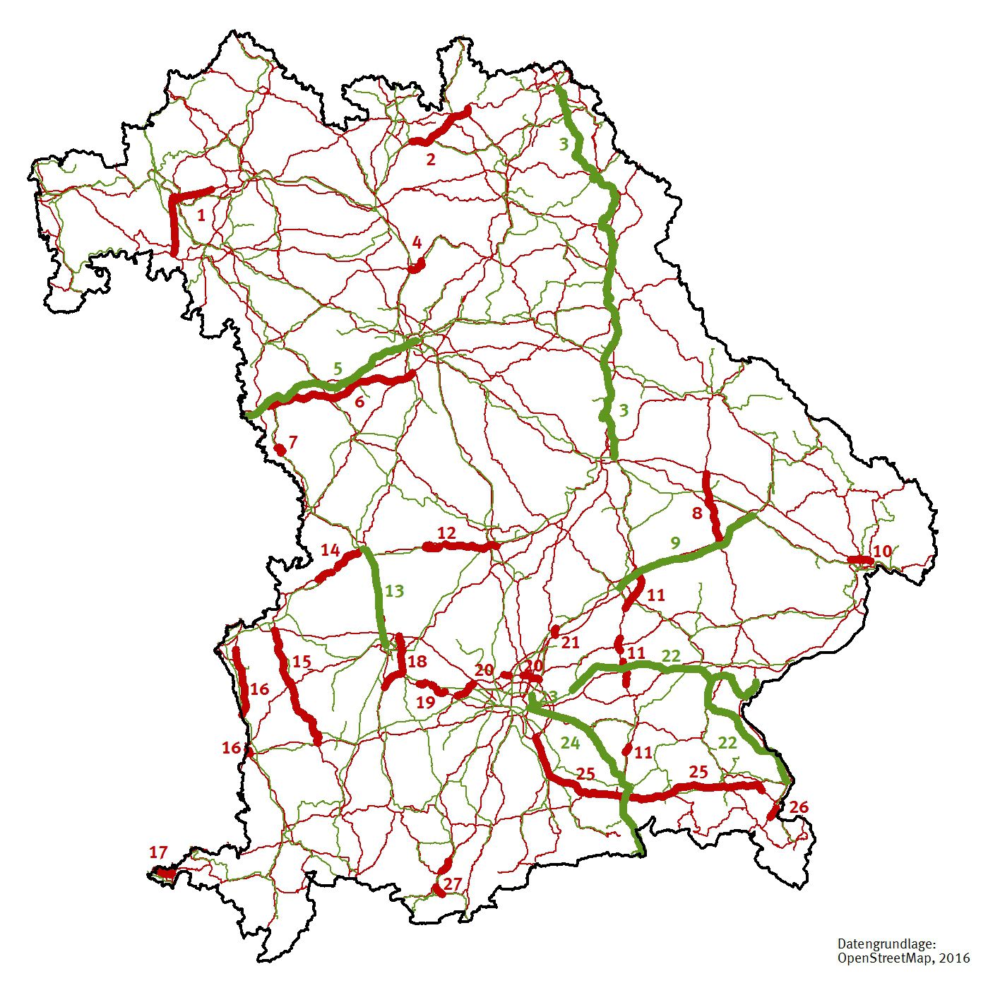 Karte von Bayern mit Projekten im Bundesverkehrswegeplan