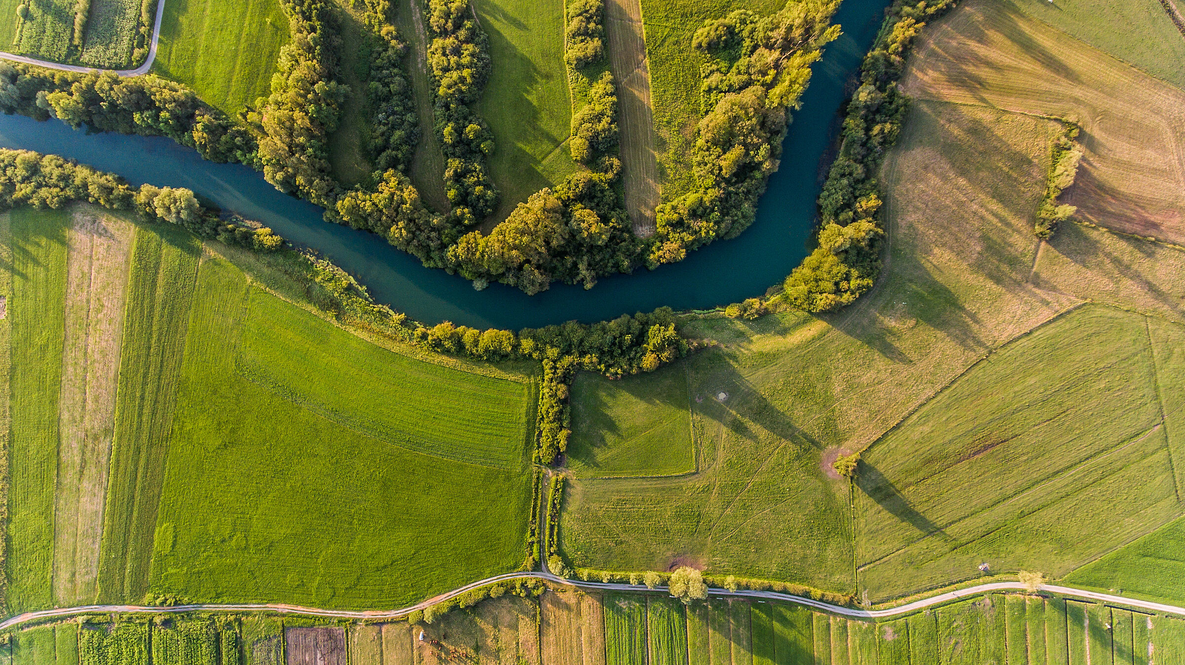 Luftaufnahme von einem mäandrierenden Flusslauf mit Randstreifen: Gewässer in Bayern sind vielfältig, doch alle brauchen Schutz damit ihre natürlichen Funktionen erhalten bleiben. (Foto: anzebizjan/stock.adobe.com)