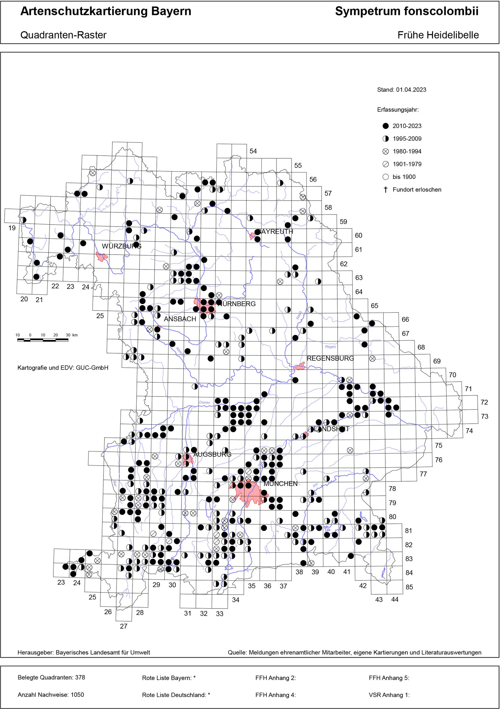 Verbreitungskarte der Frühen Heidelibelle in Bayern (Quelle: Bayerisches Landesamt für Umwelt, LfU)