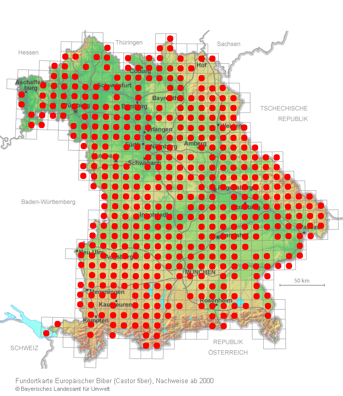 Eine Karte von Bayern mit den Fundorten von Bibern