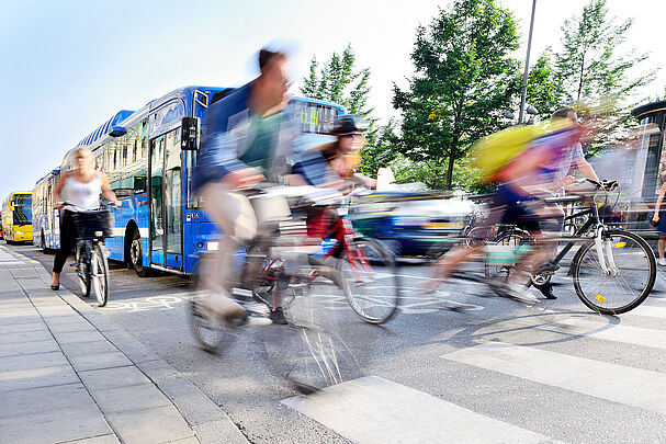 Eine Gruppe Radfahrer startet an der Ampel vor einem Bus (Foto: cooel_design/stock.adobe.com)