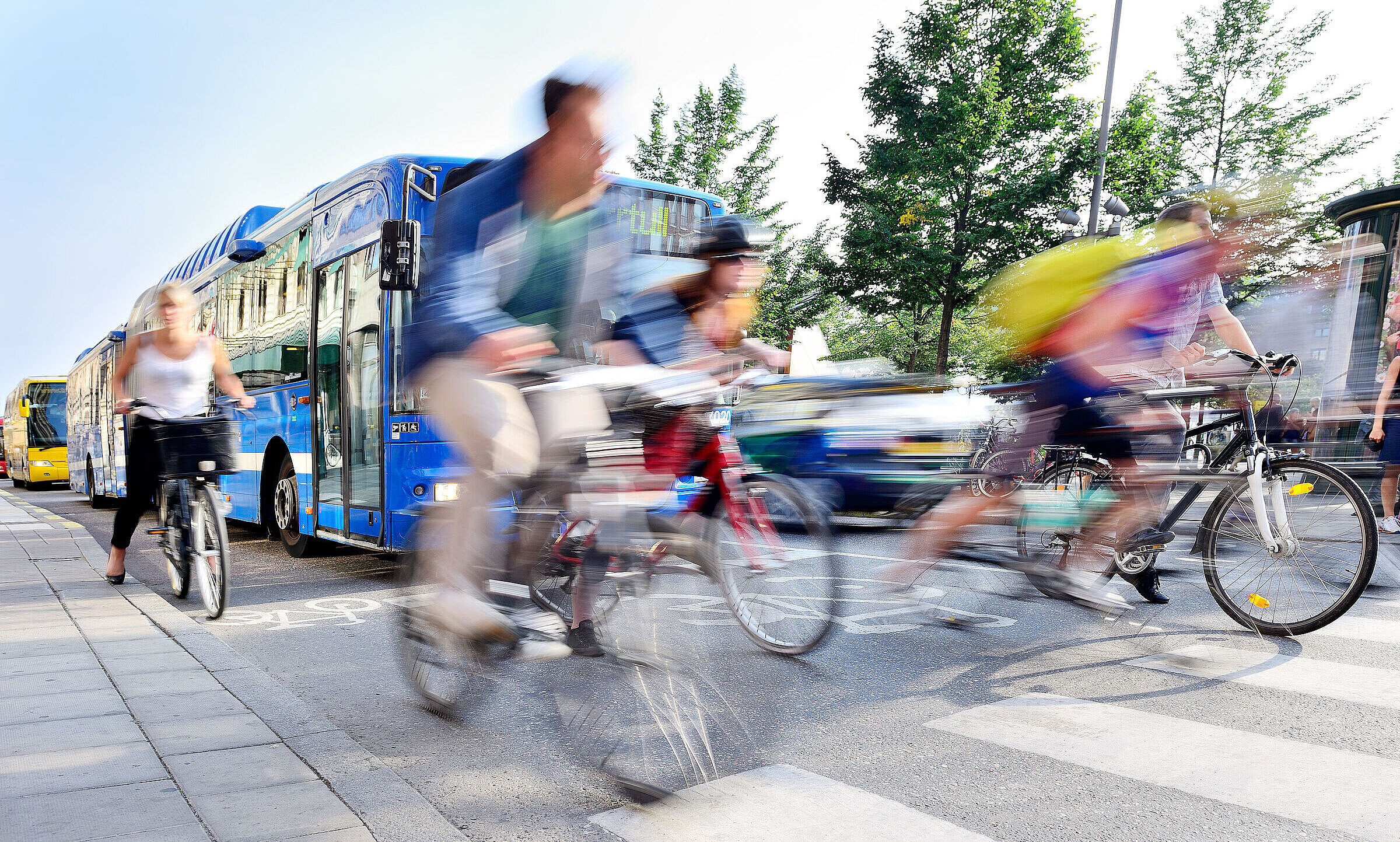 Eine Gruppe Radfahrer startet an der Ampel vor einem Bus (Foto: cooel_design/stock.adobe.com)