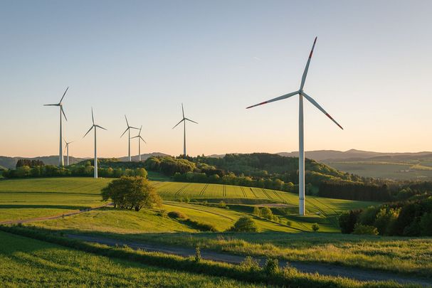 Windräder drehen sich in der Abendsonne: Auch wenn der Anblick gewöhnungsbedürftig sein mag, zählt Windenergie zu den wichtigsten Erneuerbaren Energien. (Foto: Anselm/stock.adobe.com)