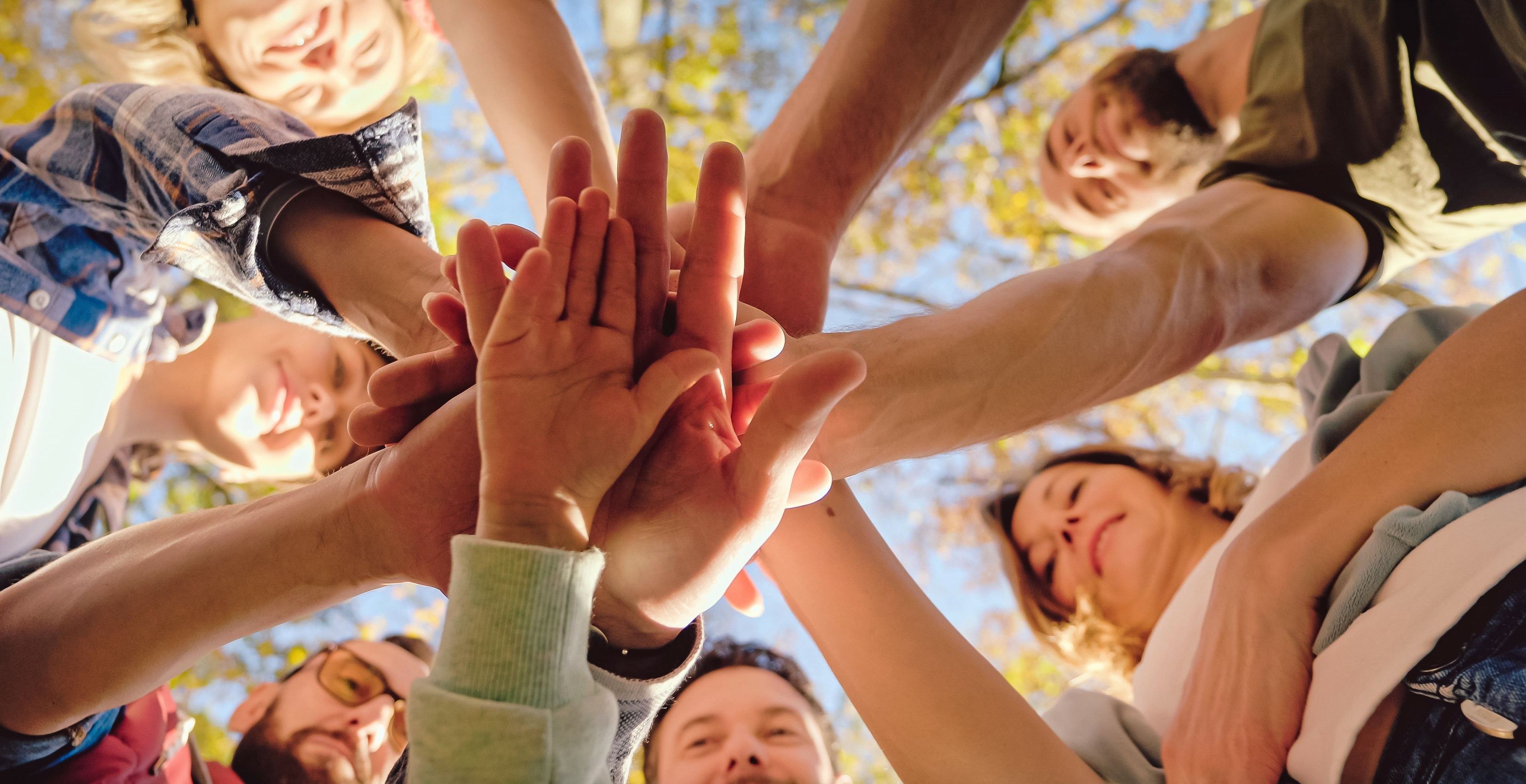 Hand in Hand für die Umwelt: Im BUND Naturschutz wirken alle Ebenen zusammen. (Foto: ihorvsn/stock.adobe.com) BUND Naturschutz Organisation: Aktive Naturschützer*innen stehen im Kreis und legen die Hände aufeinander.