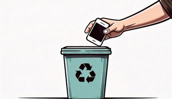 Eine Hand wirft ein Handy in eine Recyclingtonne. (Grafik: Firefly/Elisabeth Hofer)