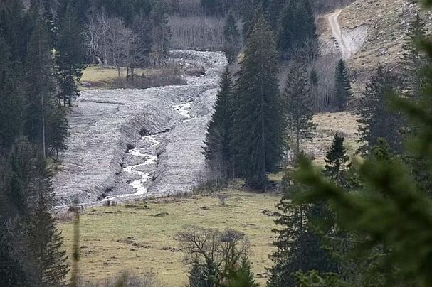 Der Rappenalpbach - ausgebaggert, kanalisiert und in ein enges Kiesbett eingezwängt. (Foto: Udo Schmitz/Bund Naturschutz)