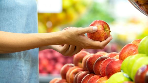 Der EU-Bio-Standard gilt für alle. Discounter-Bio ist qualitativ nicht schlechter als Ware aus dem Bio-Fachhandel. (Foto: paulovilela/stock.adobe.com) Discounter-Bio: Eine Frau hält einen Apfel in der Hand und begutachtet ihn.